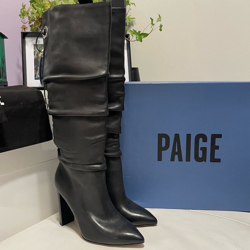 6.5 Paige Black leather knee high chunky high heel boots